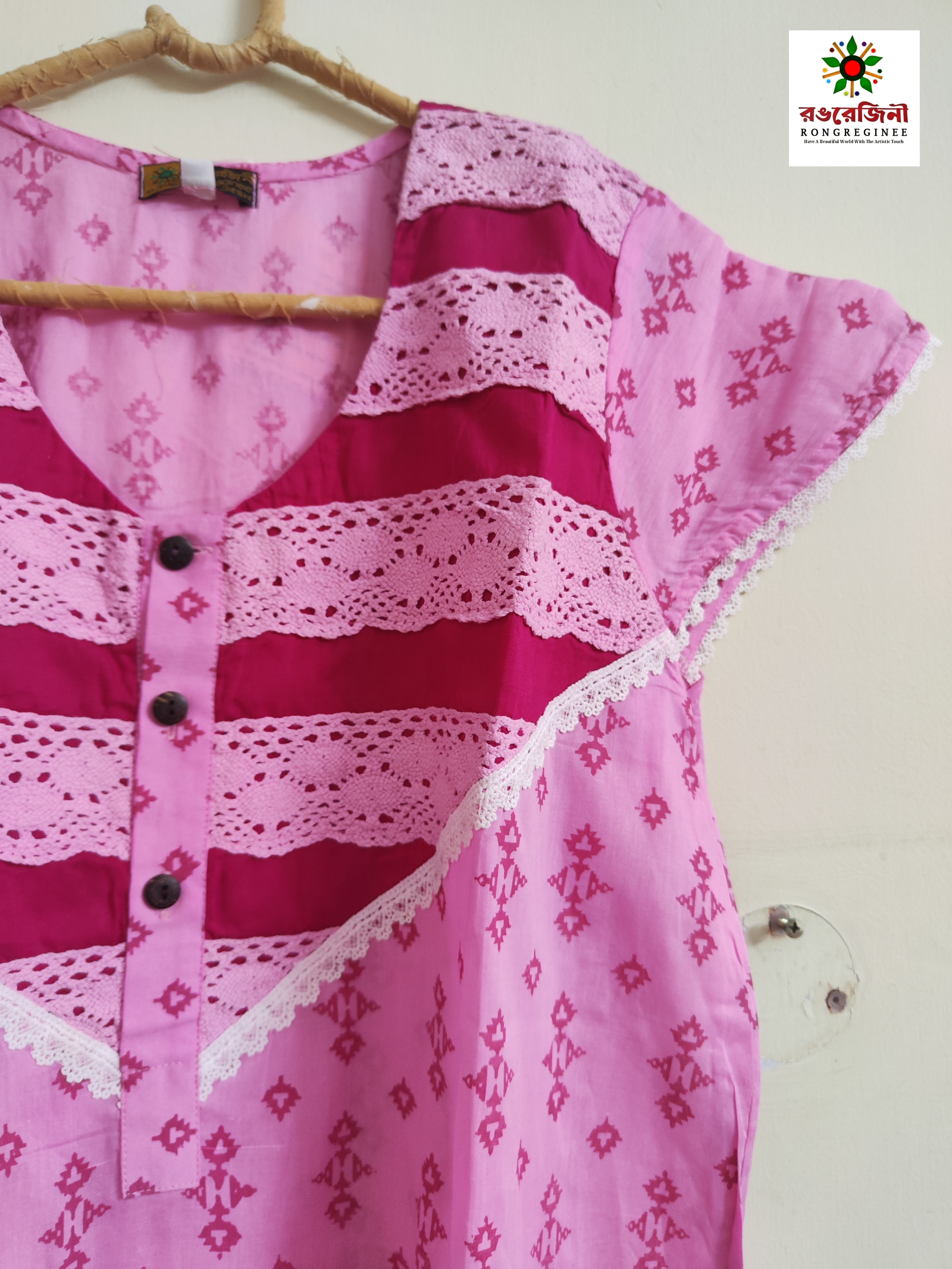 Soft Pink Pure Cotton Nightgown with Traditional Lace & print - Image 2