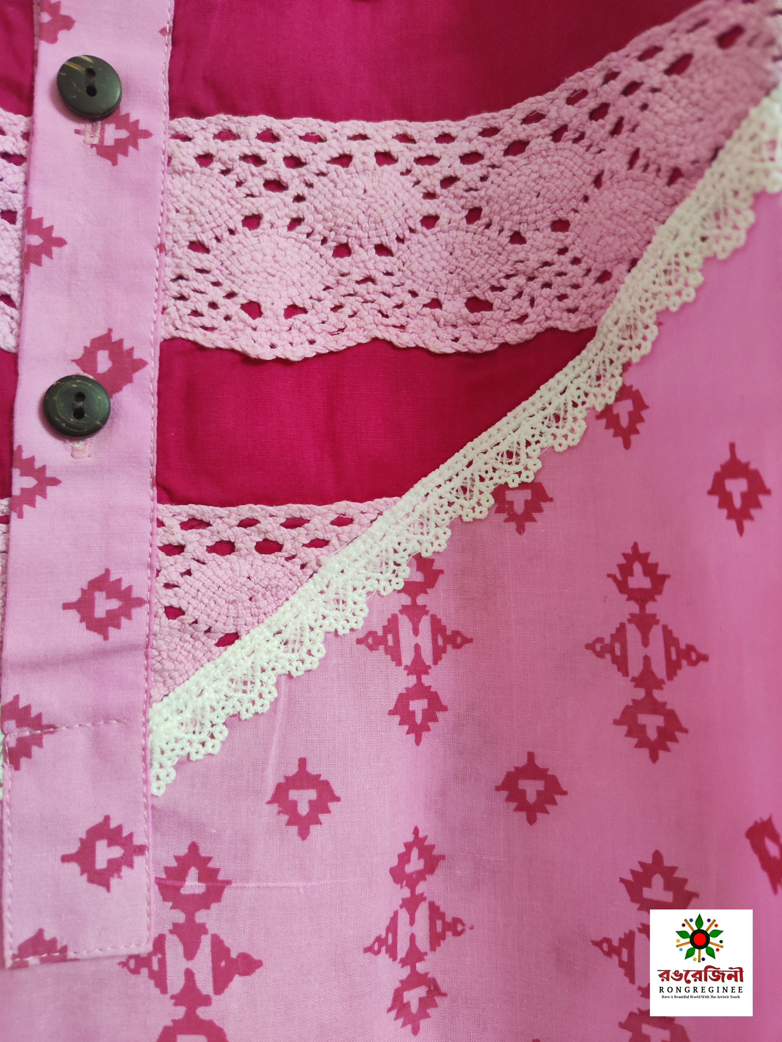 Soft Pink Pure Cotton Nightgown with Traditional Lace & print - Image 3