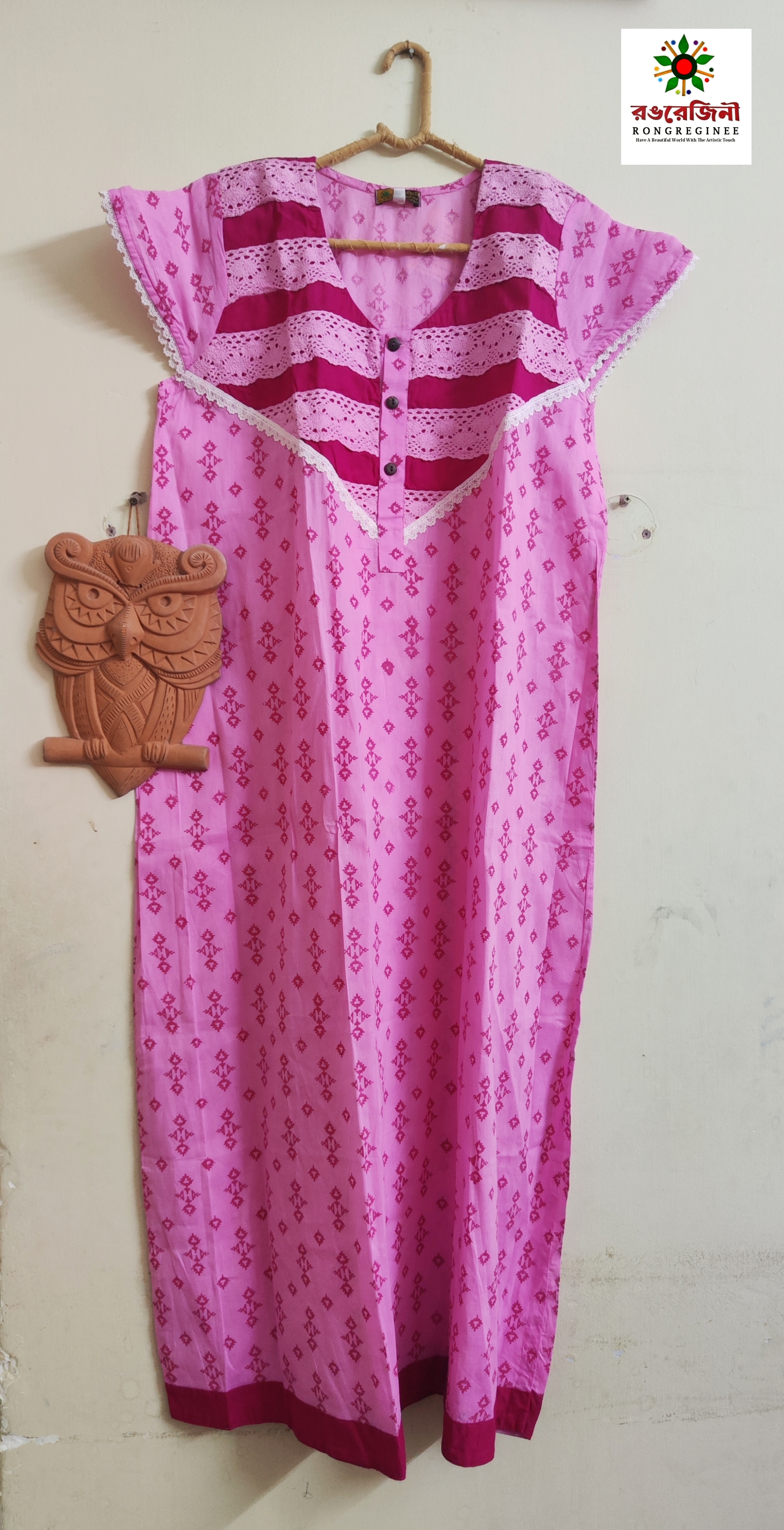 Soft Pink Pure Cotton Nightgown with Traditional Lace & print - Image 4