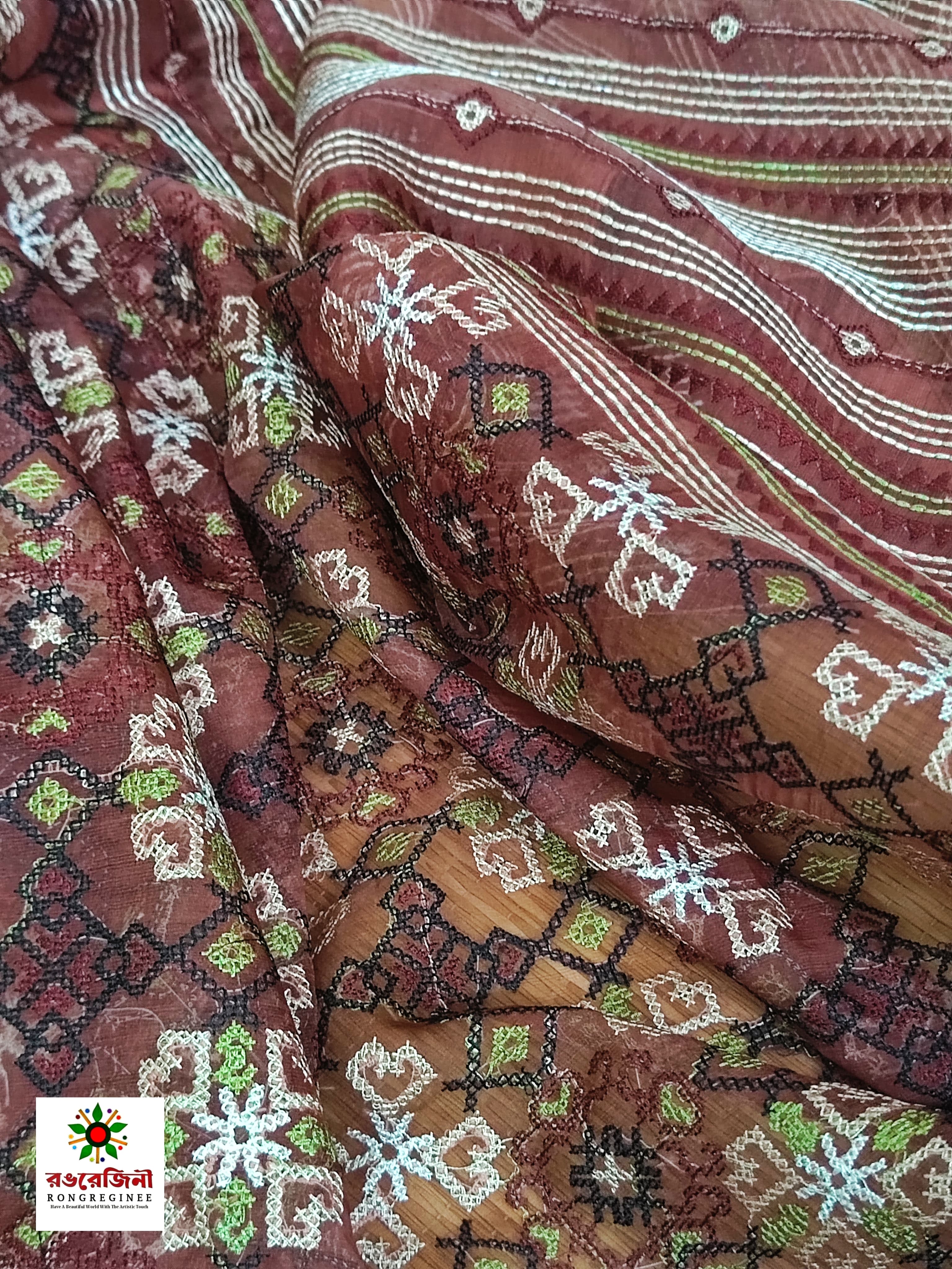 Earth- Toned Printed Handloom Saree_ Floral Motifs & Striped Pallu - Image 2