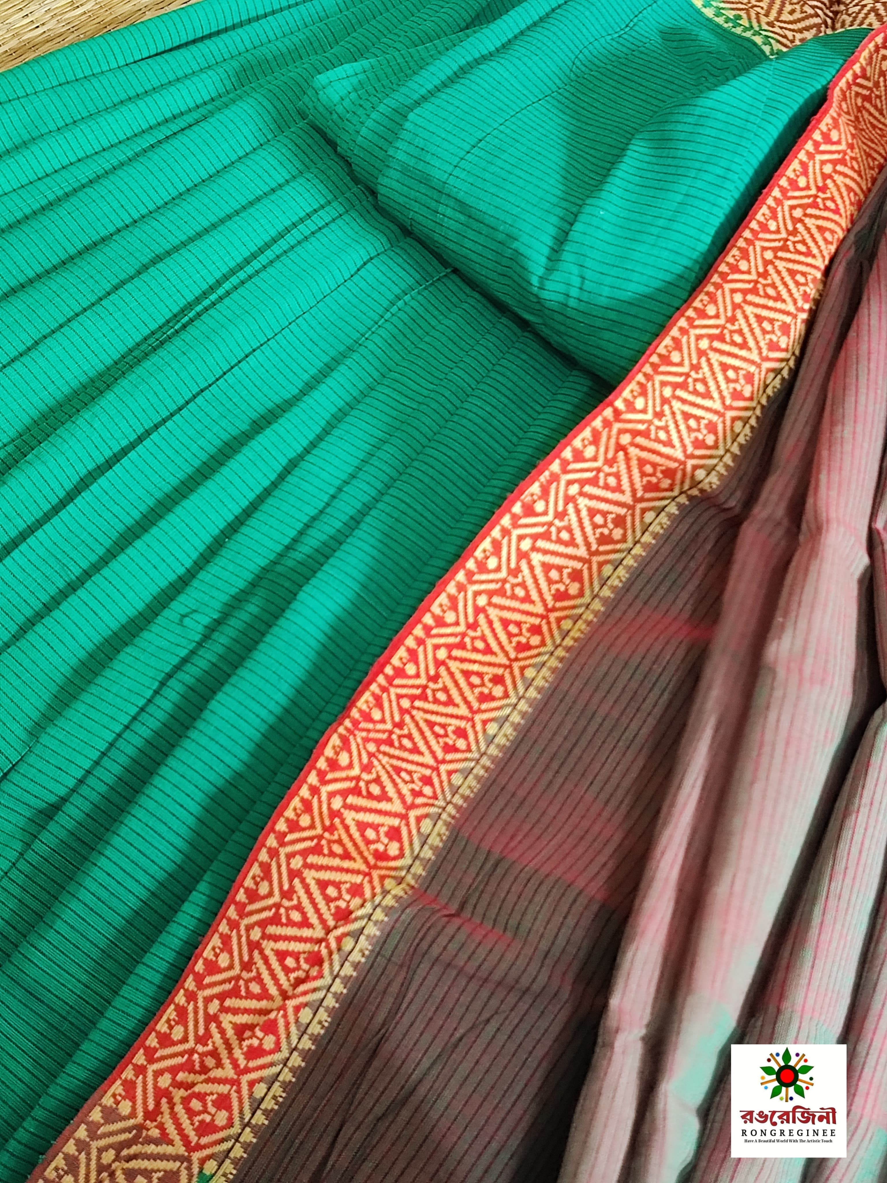 Premium Pure Tangail Handloom Saree_ Teal Green & Rose Gold - Image 5