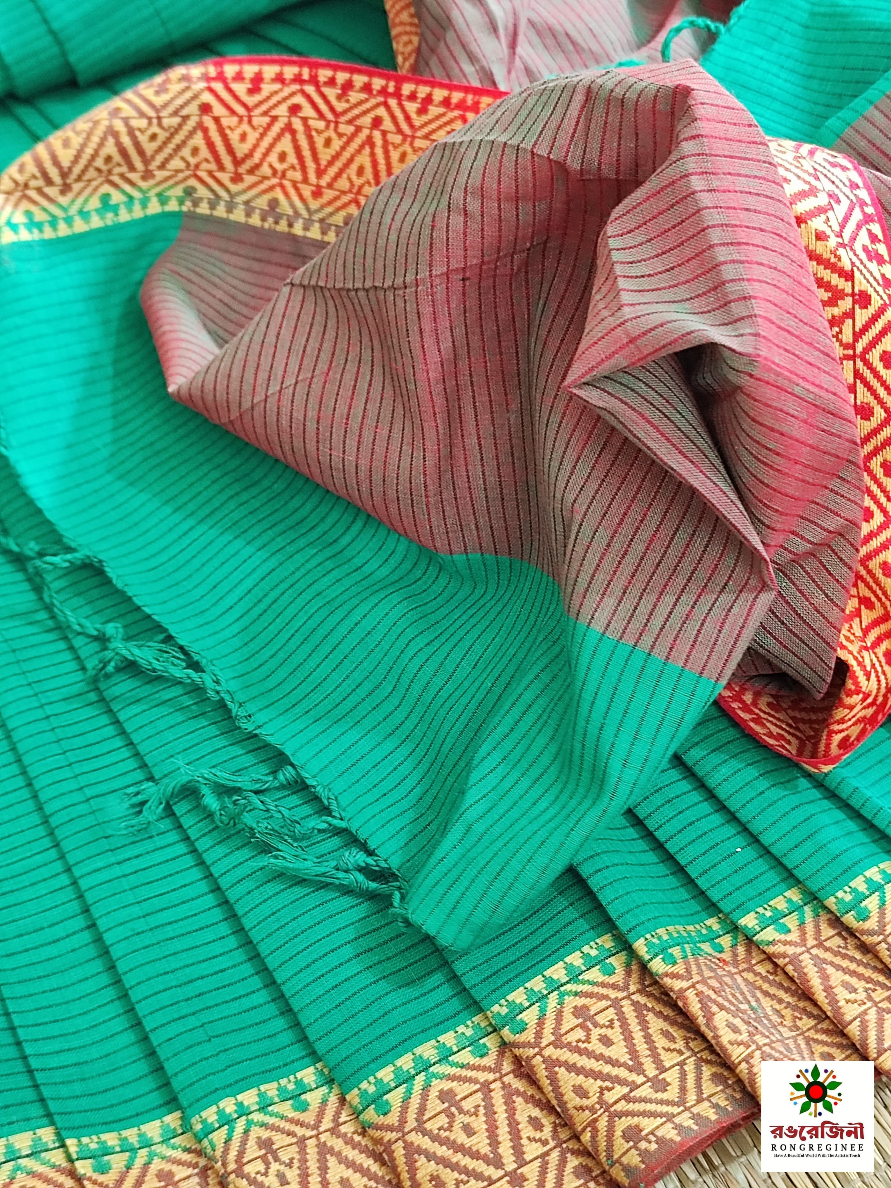 Premium Pure Tangail Handloom Saree_ Teal Green & Rose Gold - Image 4