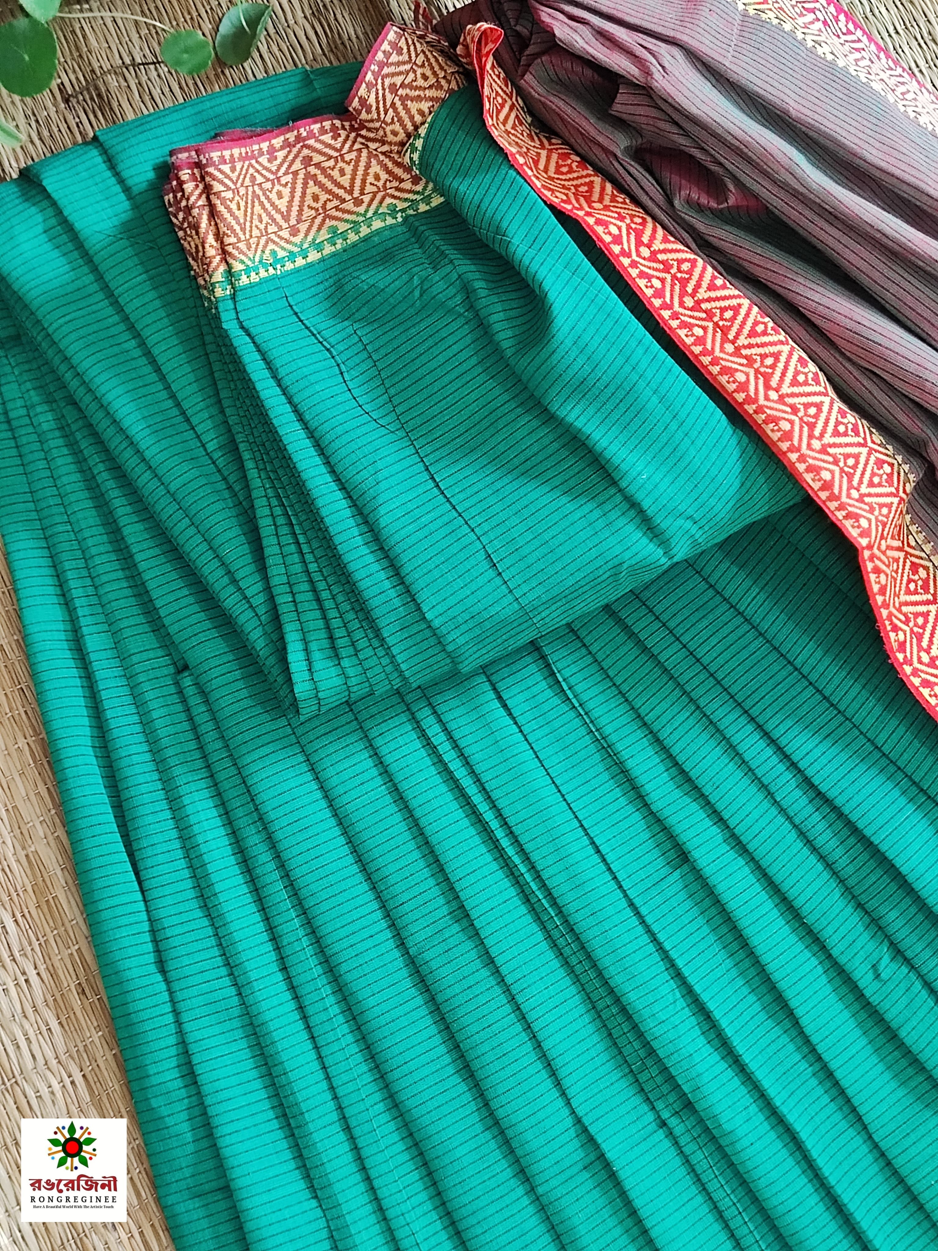 Premium Pure Tangail Handloom Saree_ Teal Green & Rose Gold - Image 3