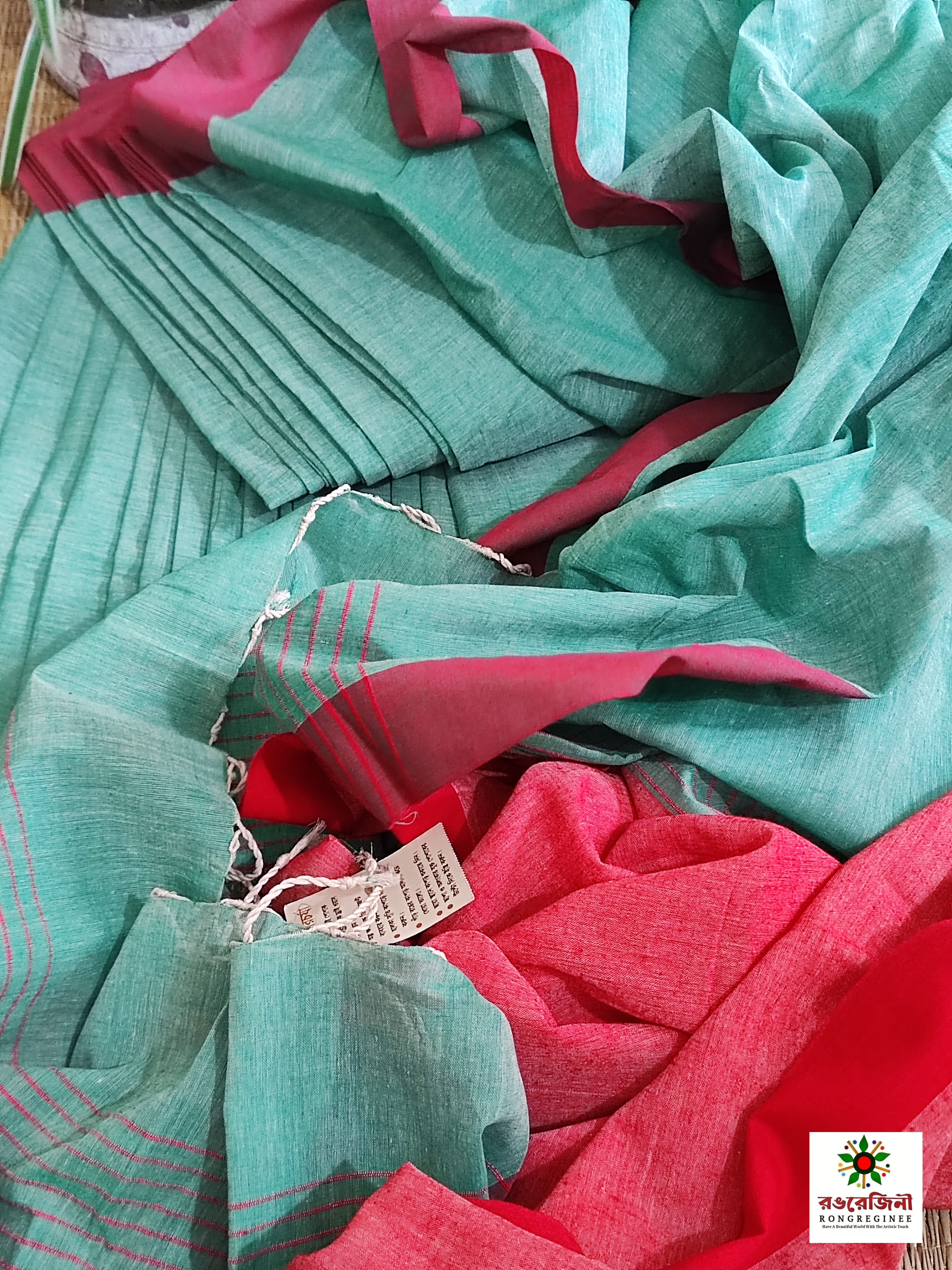 Premium Tangail Handloom Cotton Saree_ Mint Green With Maroon Border - Image 2