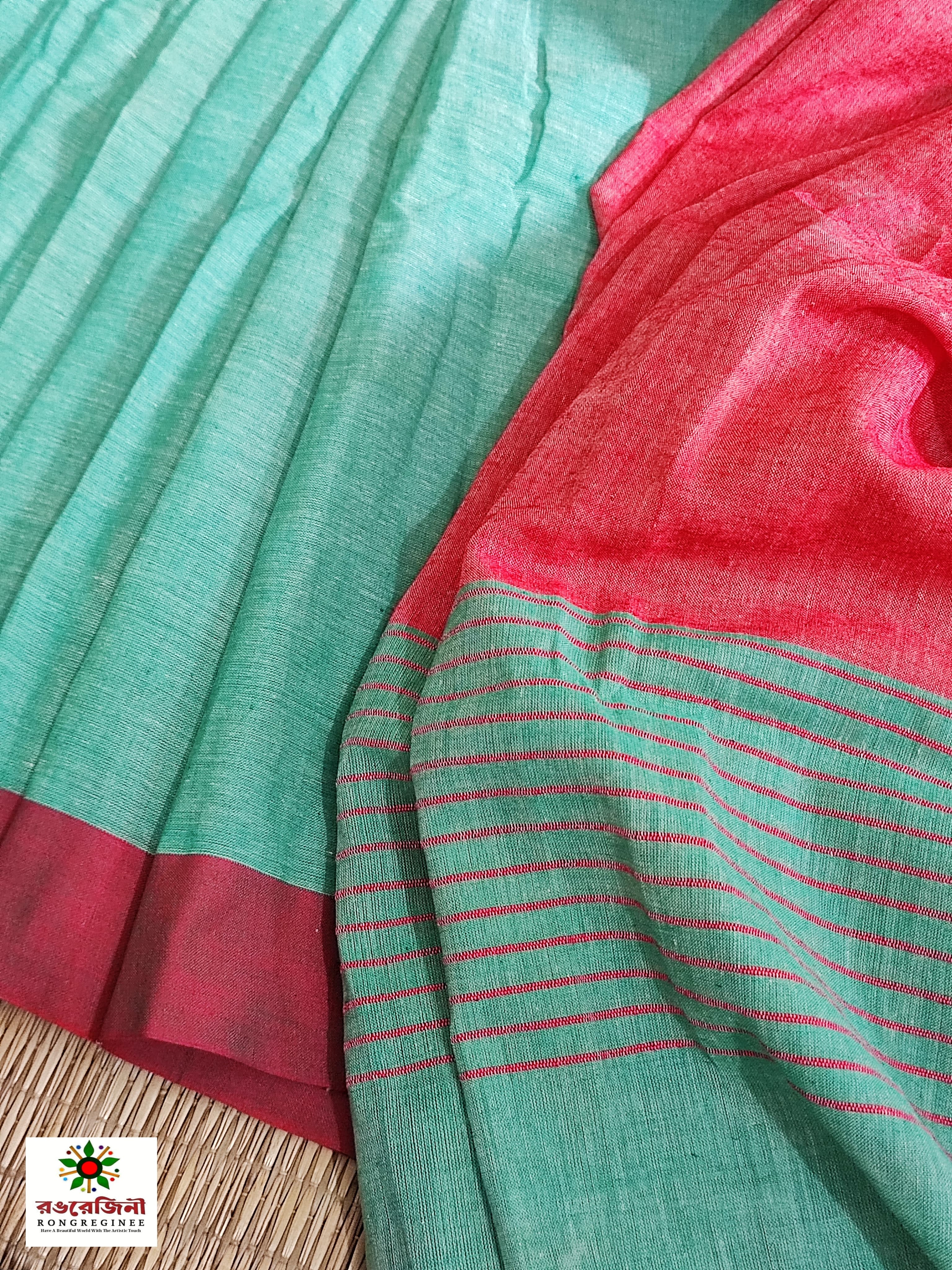 Premium Tangail Handloom Cotton Saree_ Mint Green With Maroon Border - Image 3